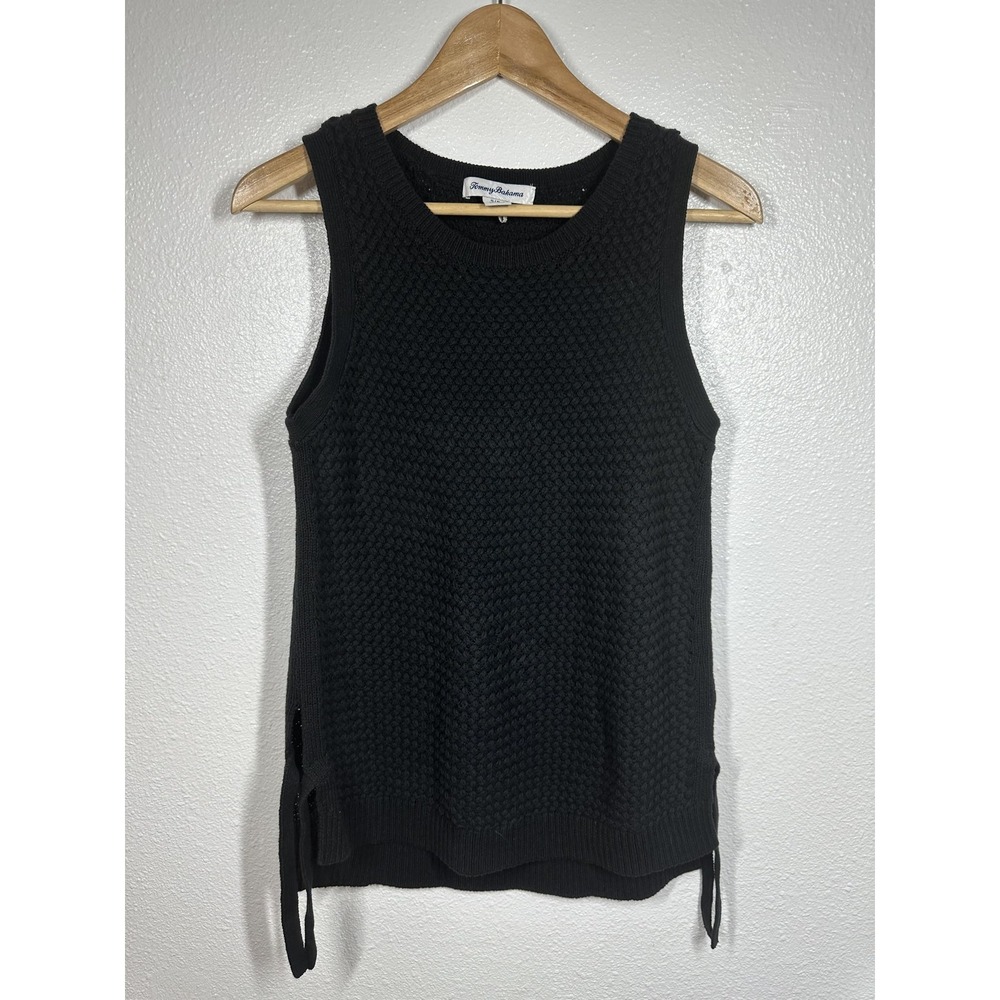 Tommy Bahama Sweater Womens Small Black Sleeveless Textured Knit Tank Side Ties
